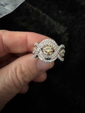 Champagne-Center Halo Twist Ring with Pavé Diamonds
